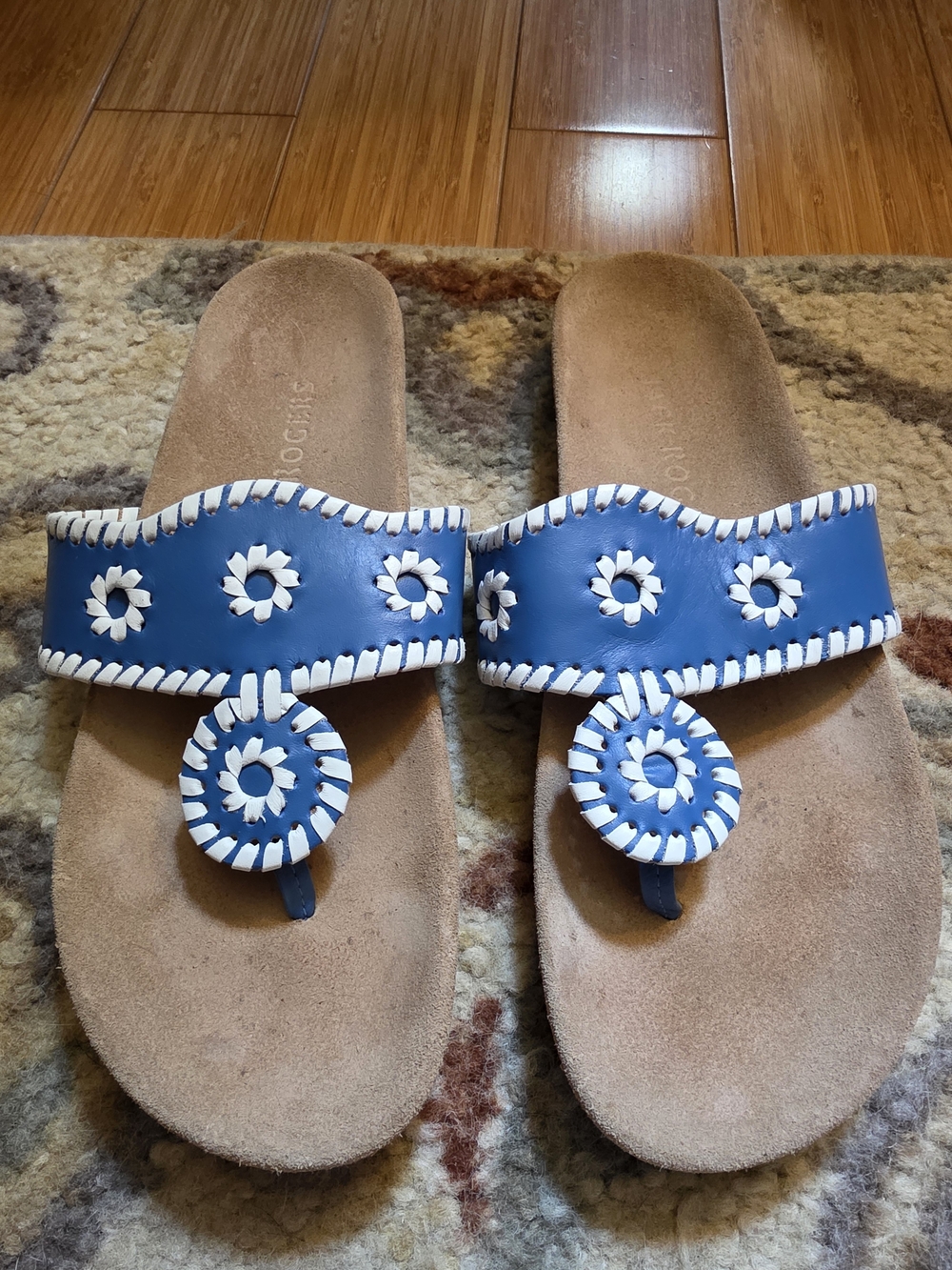 Jack Rogers Blue Leather Whipstitch Floral Toe-Post Sandals